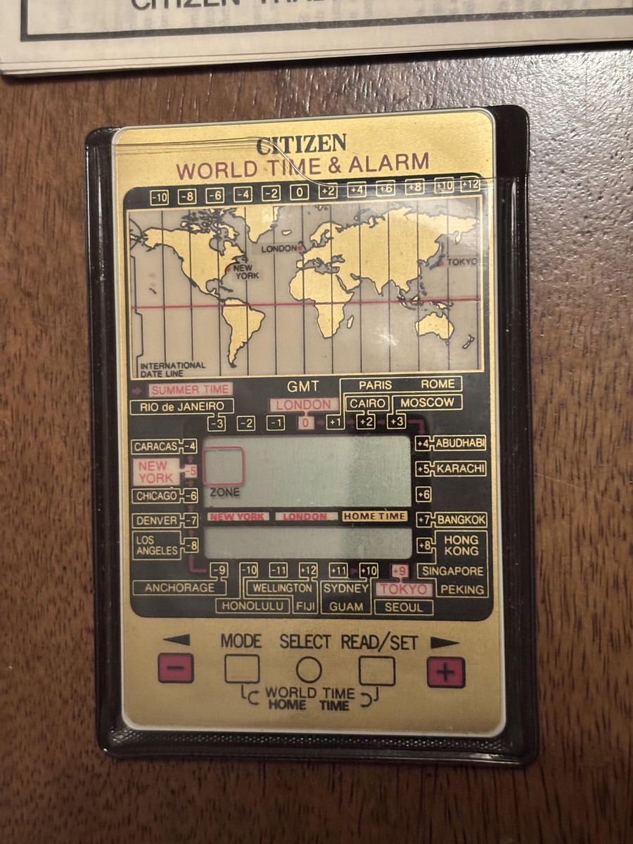 Vintage Citizen World Time Card Clock Gold Digital Travel Alarm