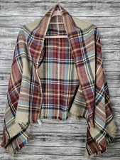 Blanket Scarf Oversized Plaid Fringe Preppy Shawl Wrap Beige Red OSFA 58"x58"