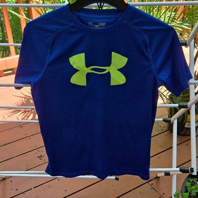Under Armour HeatGear Boys YLG Blue/Green Loose Crew Neck Short Sleeve Logo Tee