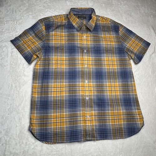 LL Bean Signature Slim Fit Mens L Short Sleeve Yellow Blue Plaid Button Up Shirt - Picture 2 of 9