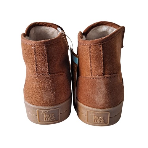 NWB Muk Luks Suede Wool Blend Faux Fur Slip On Shoes Queens Cognac Womens Size 8 - Picture 2 of 16