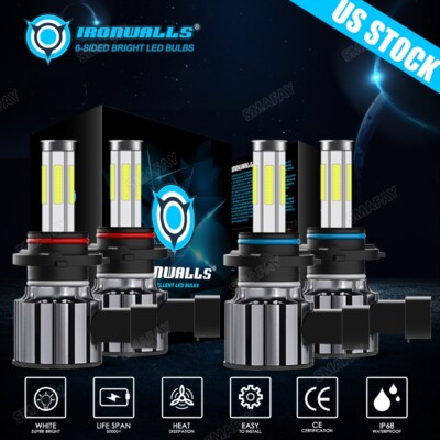 6-Sides 9006 9005 LED Headlight KIT Combo Bulbs High Low Beam Super Bright White