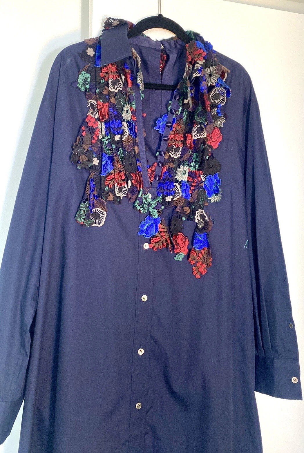 FAVOLOSO TOP TUNICA ABITO SACAI 3492 BLU CON RICAMO MULTICOLORE UNICO L