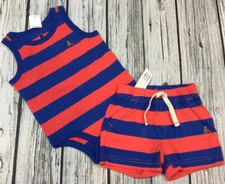 Baby Gap Boys 0-3 Month Red & Blue Striped Cotton Shorts Outfit. Nwt