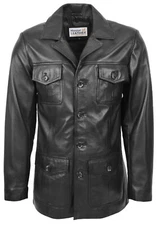 Mens Real Leather Reefer Jacket Button Fastening Blazer Style Jerry Black