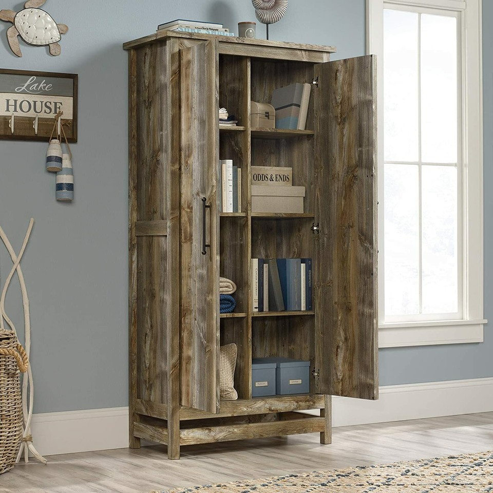 Rustic Brown Storage Cabinet Shelving Cubbies Pantry Organizer Utility ...