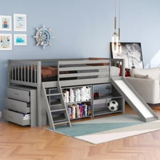 Twin Size Loft Bed with Storage Bookcase,Bookshelves,Slides Kids Furniture Sets