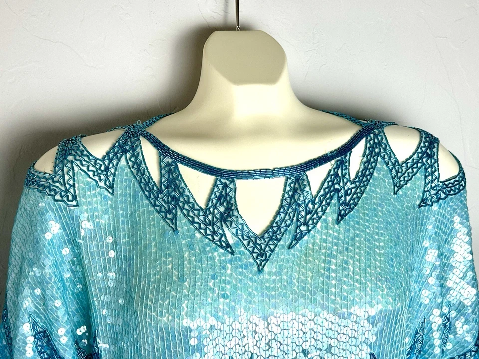 Blusa Top Elegante De Colección ST. MARTIN 100% Seda India Turquesa Lentejuelas/Cuentas Noche Foto 2 de 4