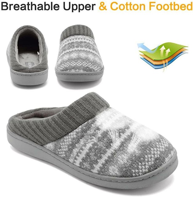 fanture Womens Memory Foam House Slippers Sweater Knit Embroidered Pattern and Ribbed Hand-Knit Collar