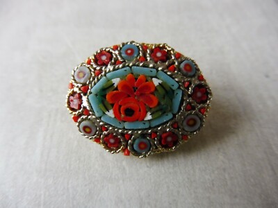 Broche Ancienne Bouquet Fleurs En Micro-mosaïque - Bijou Vintage Artisanal