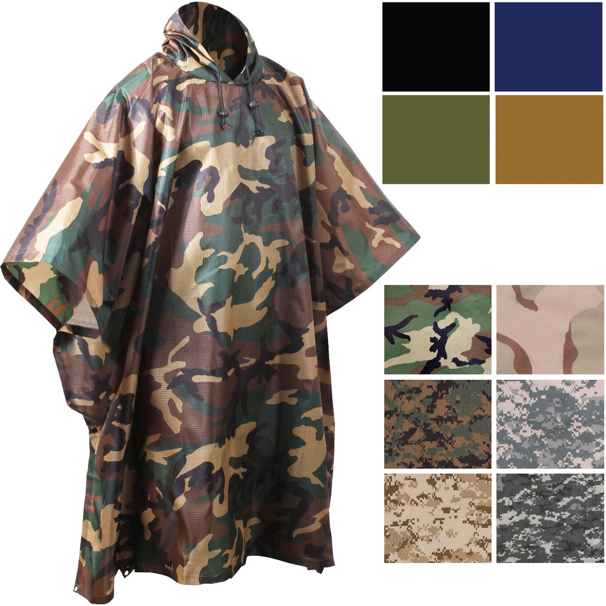 Tactical Waterproof Rain Poncho Camo Ripstop Military Hooded Body