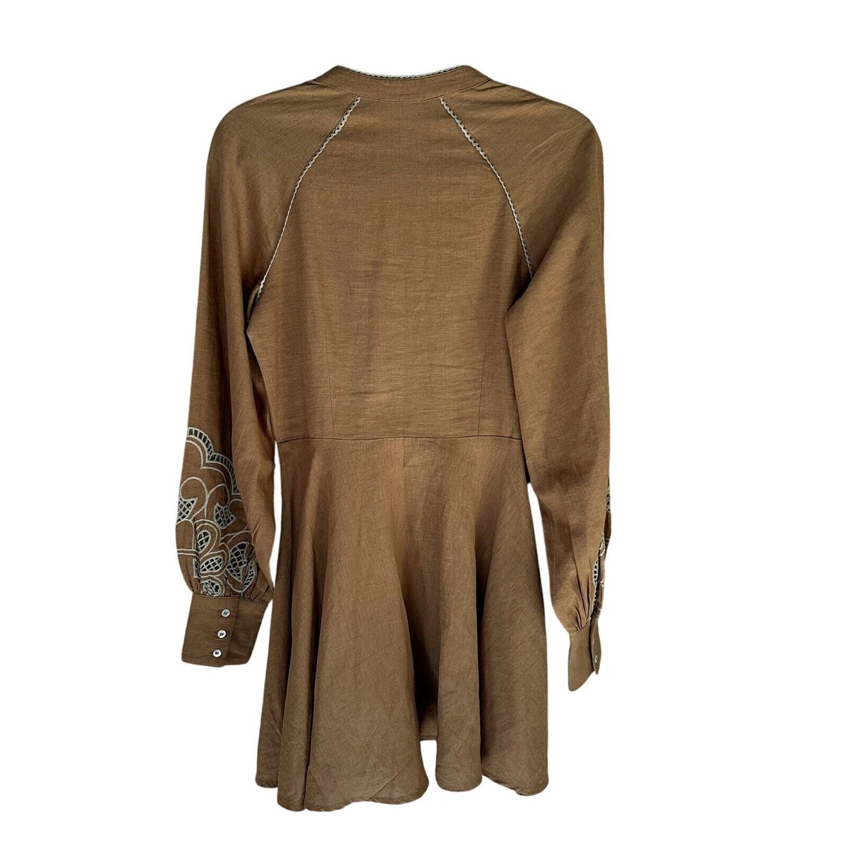 Sezane Caprice Embroidered Long Sleeve Mini Dress Camel