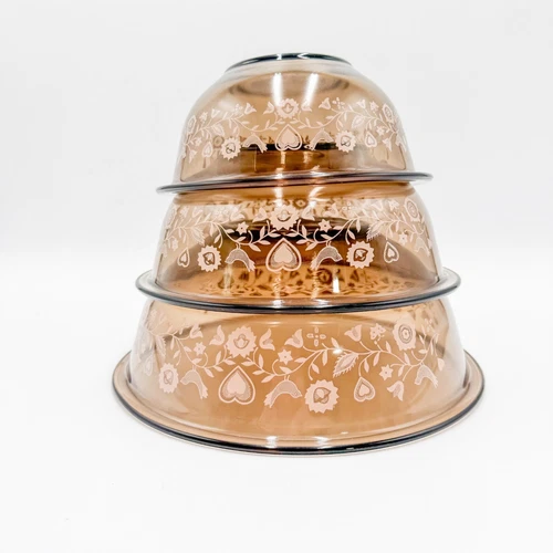 Vintage Pyrex Festive Harvest 3 Nesting Mix Bowls 325 323 322 Hearts Birds Brown