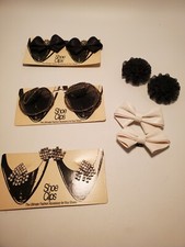 Lot of 6 pr Vintage Shoe Clips White Black Ribbon, Bows, Rhinestone Cards