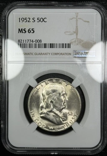 1952-S Franklin Half Dollar , NGC MS65. Well Struck Bell Lines.