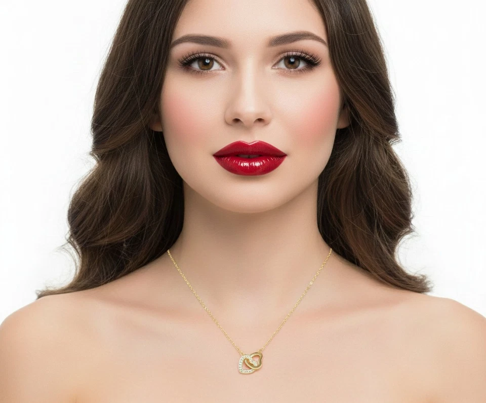 Collares de oro para mujer 9ct doble corazón delicado collar de cadena y colgante Foto 2 de 4