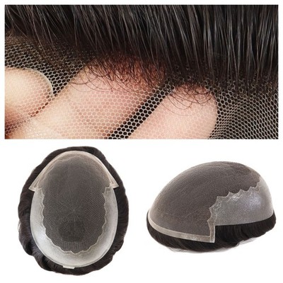 Human Hair System for Men Toupee French Lace Poly Skin Hair Pieces Q6 6x9 #1B
