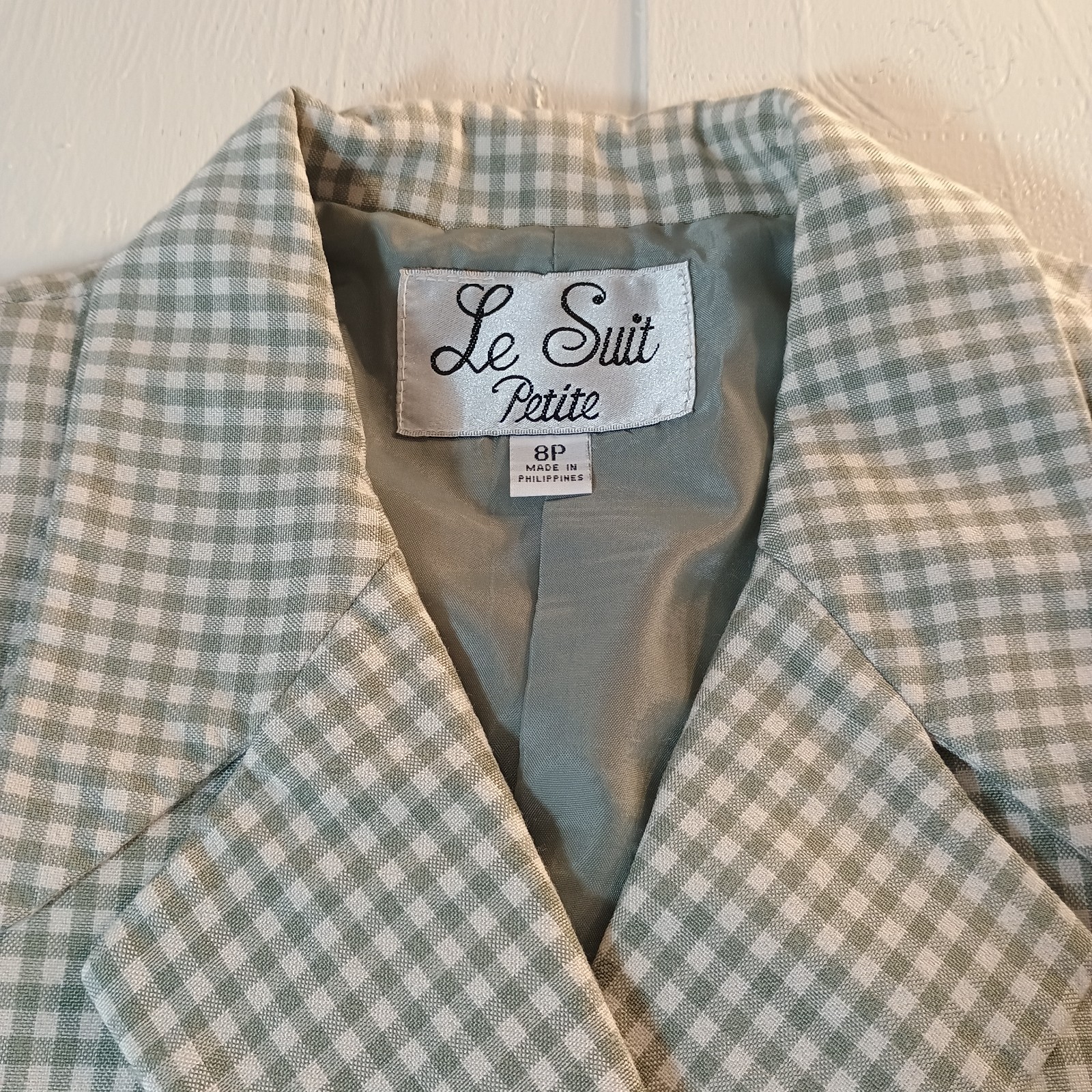 Le Suit Petite 2 Pc Suit Jacket(8P), Skirt(10P) Lined Green/White Checker Career