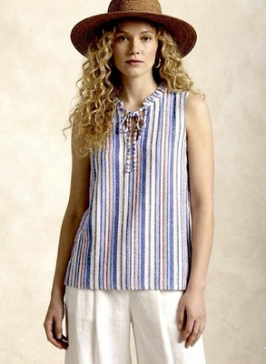 RED WHITE & BLUE WOMEN SLEEVELESS RUFFLE TOP 2X KNIT TIE NECK JULY 4TH PREPPY