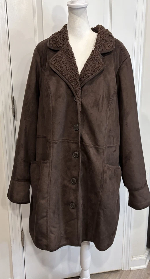 Abrigo D&Co Mujer Imitación Gamuza Piel de Oveja 1X Marrón Botón Frontal Sherpa Forrado Acogedor Foto 3 de 4