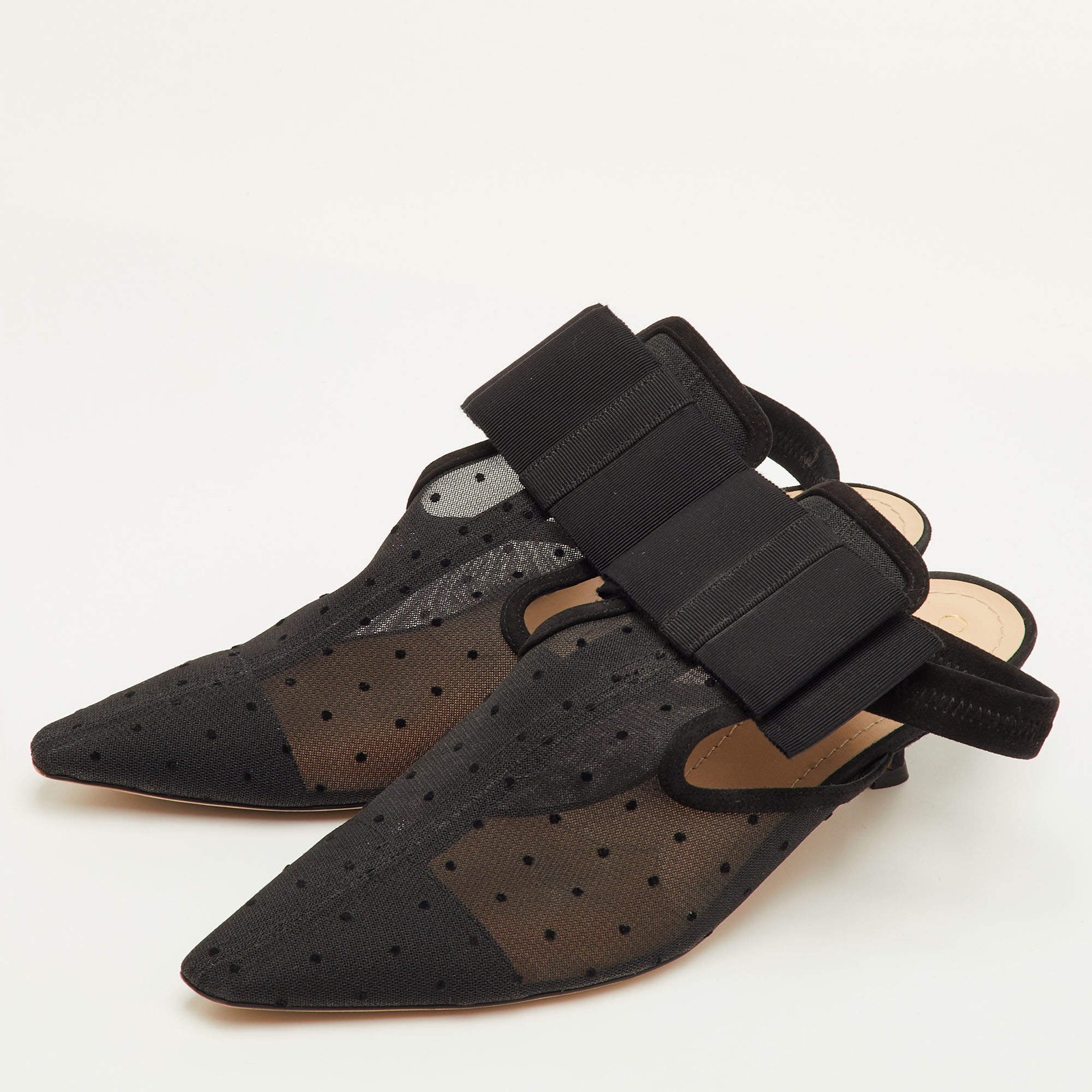 Dior Size 40 Black Mesh and Suede Trim Polka Dot Bow Pointed Toe Slingback Mules thumbnail 2