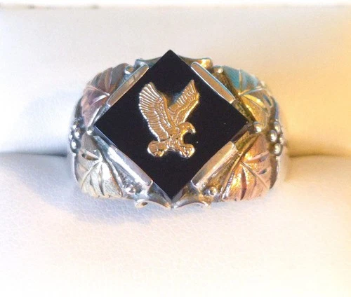 VINTAGE COLEMAN CO. STERLING SILVER BLACK HILLS 12K GOLD ONYX EAGLE RING Sz. 11