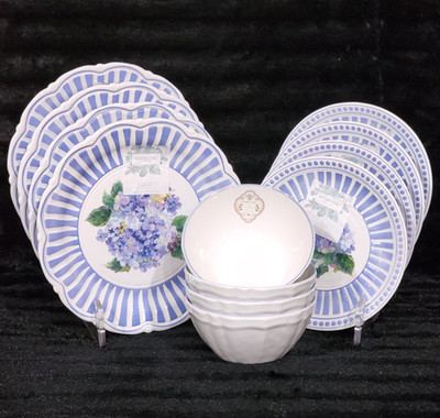 Shabby Chic Floral Hydrangea 4 BOWLS & 8 PLATES Blue White Melamine 12pc Summer