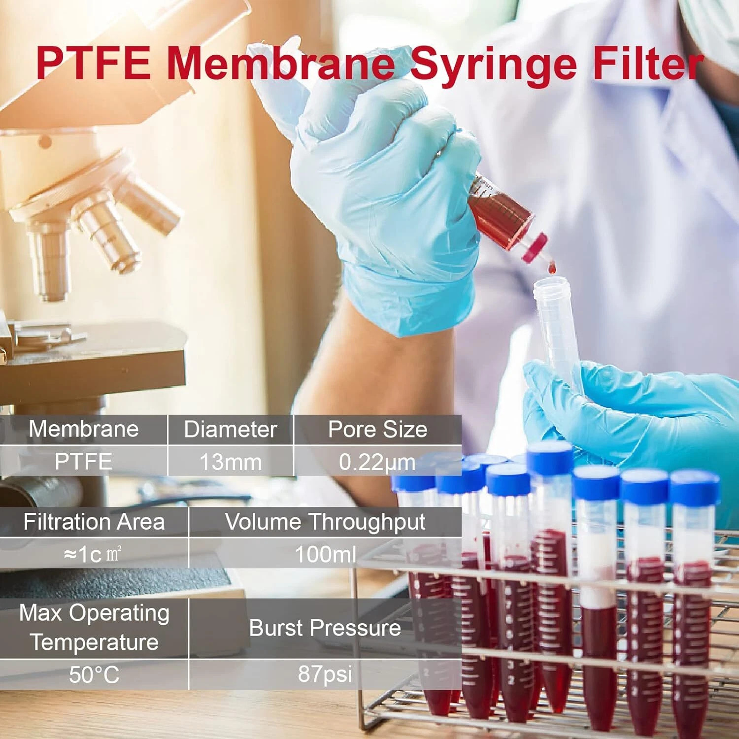 100pcs Lab PTFE Syringe Filter 0.22μm 13mm PP Prefilter Hydrophobic Non Sterile