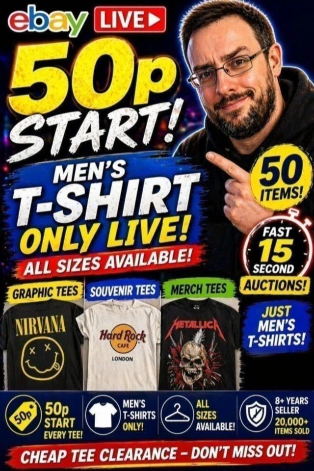 50p START 🔥 MEN’S T-SHIRT ONLY LIVE | ALL SIZES | FAST 15s AUCTIONS