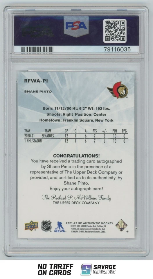 2021-22 SP Authentic Future Watch Auto Retro Shane Pinto PSA 10 /499 . #RFWA-PI - Image 2 of 3