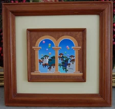 OOAK FRAMED CONTEMPORARY SURREALISM VILLAGE VIEW ARCHES & BALLOONS ARTIST GUALLE