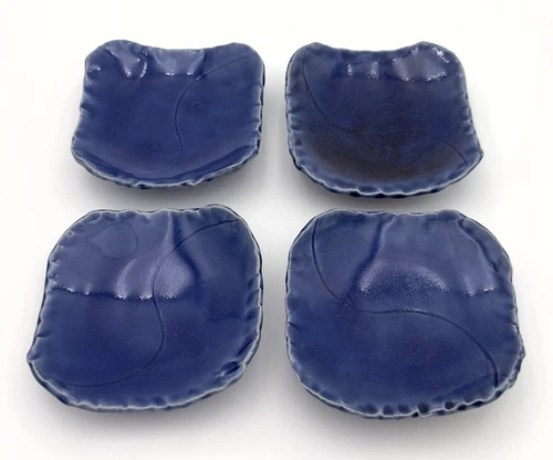 4 BLUE STONEWARE ORGANIC FORM SQUARE PLATES BRUTALIST SIGNED FIORITTO 4”x 4”