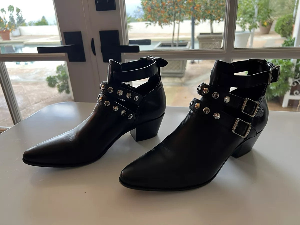 Ysl Saint Laurent Black Leather Rock 3 Buckles Ankle Boots Riding