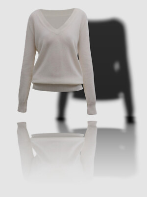 $251 Neiman Marcus Women White Cashmere Basic Long-Sleeve V-Neck Sweater Sz L