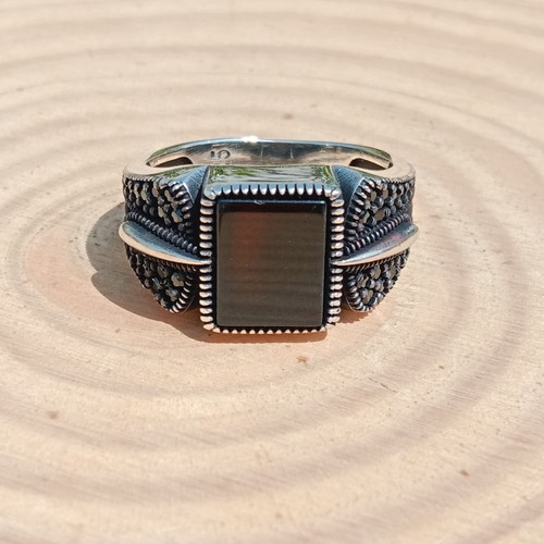 Vintage Two Tone Agate Ring - 925 Sterling Silver With Black Onyx, Turkish Handmade