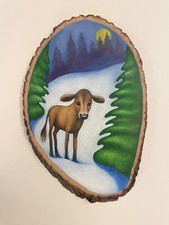 Winter Hand Painted Calf In The Woods On Tree Round Oil Painting