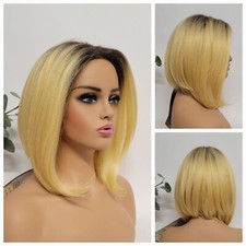 LACE FRONT STRAIGHT BOB WIG BLACK ROOT OMBRE BLONDE - PREMIUM SYNTHETIC HEAT OK