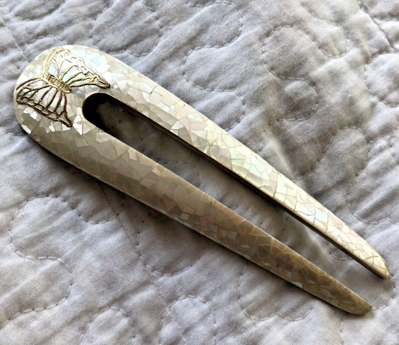 U Shaped  French Hair Pin  Fork Stick for Women Shell w/Gold Butterfly 5-1/2"