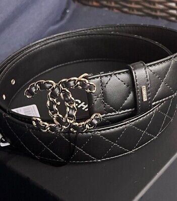 CHANEL NEW QUILTED BLACK LEATHER BELT WITH CC LOGO GOLD CHANEL NEW QUILTED BLACK LEATHER BELT WITH CC LOGO GOLD