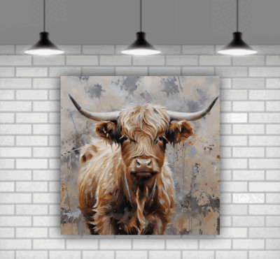 Schottische Highland Kuh moderne lebendige Leinwand Wandkunst gerahmt bereit zum Aufhängen