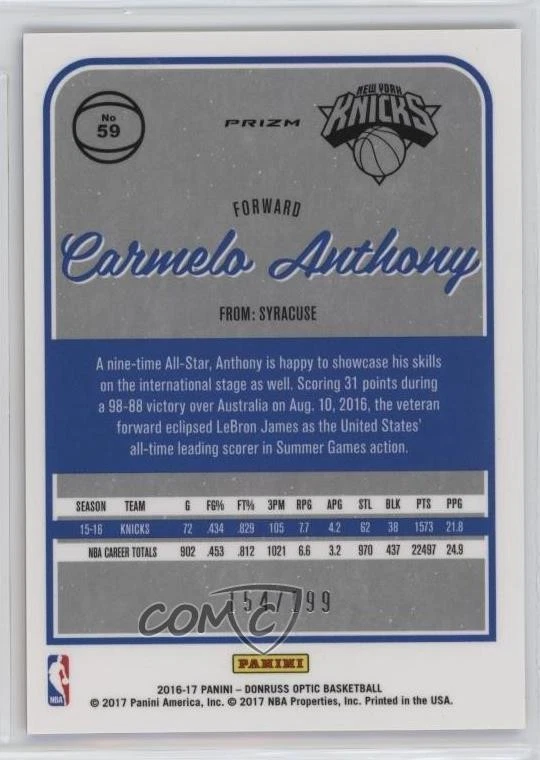 2016-17 Panini Donruss Optic Orange Prizm /199 Carmelo Anthony #59 HOF - Image 2 of 2