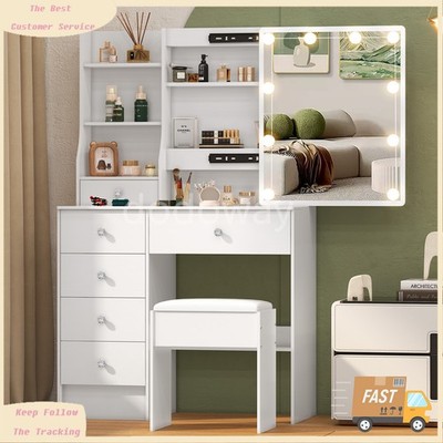 White Vanity Set with 10 LED Lighted Mirror Makeup Dressing Table Dresser Desk
