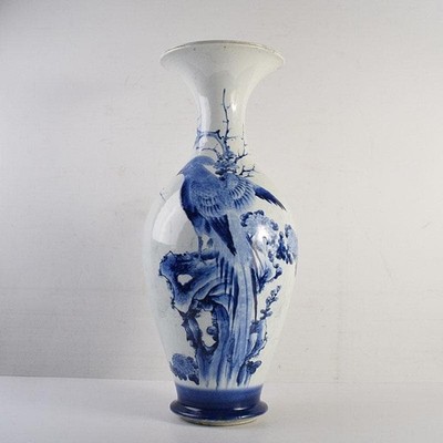 Seto Ware Old Seto blau weiß Vase mit breiter Öffnung Blume Vogel Höhe 21,26 ...