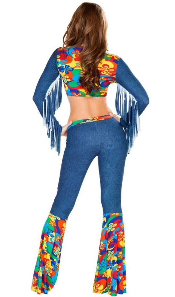 Hippie Costume Fringe Crop Top Bellbottom Pants Flared Floral Retro 4749 Small - Image 2 of 4