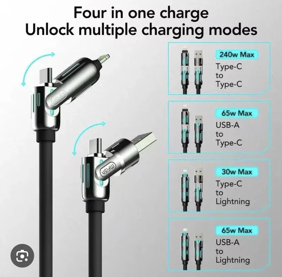 5 Pack 4in1 USB Type C iPhone Fast Charger  Android Samsung iPhone 240w New 6ft - Image 4 of 4