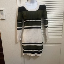 SHEIN M Ribbed Knit Sweater Dress Green White Black Striped Long Sleeve Stretch
