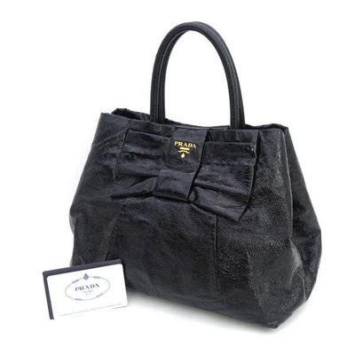 Prada Ribbon Design Black Enamel Handbag BN1601 Vintage Authentic