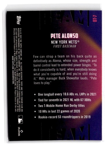 2022 Stadium Club Chrome Pete Alonso #BT-7 Beam Team New York Mets - Picture 2 of 2