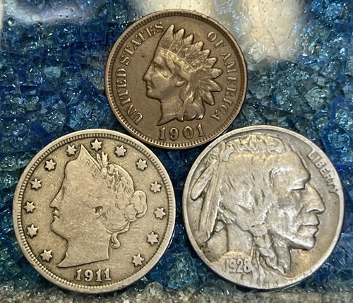 1928 BUFFALO NICKEL  1901 INDIAN HEAD PENNY  1911 LIBERTY HEAD V-NICKEL  US TYPE