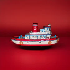 VINTAGE Modern Toys Neptune Tugboat Battery Operated Working Tin Boat Toy JAPAN
